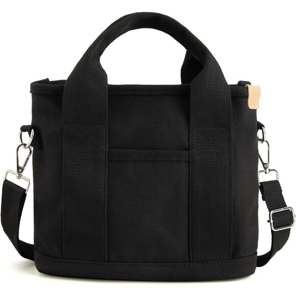 Women's Black Canvas Tote Bag With Multi Pockets Mini Shoulder Bags With Zipper - Picture 1 of 6